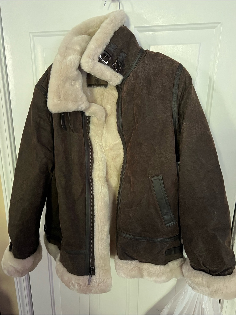 St. John's Bay Brown Suede Shearling-Lined bomber Jacket with Cream Fur